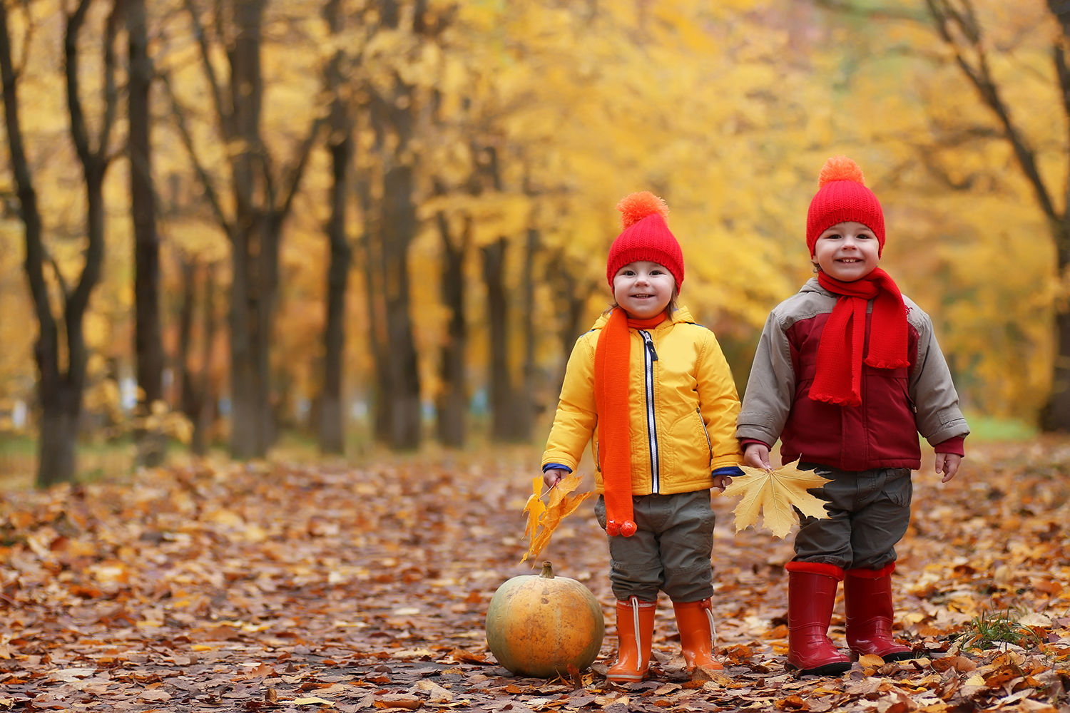 2 glade børn, der er omgivet af træer med efterårsblade