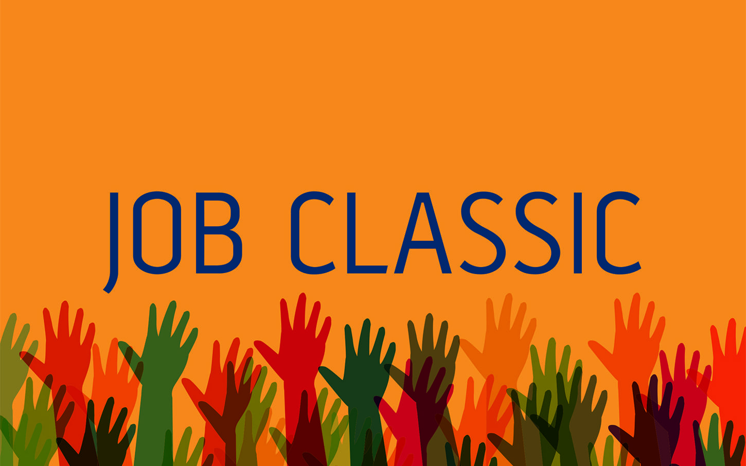 Billeder med mange farvede hænder der er strakt i vejret. På billedet står der teksten Job Classic