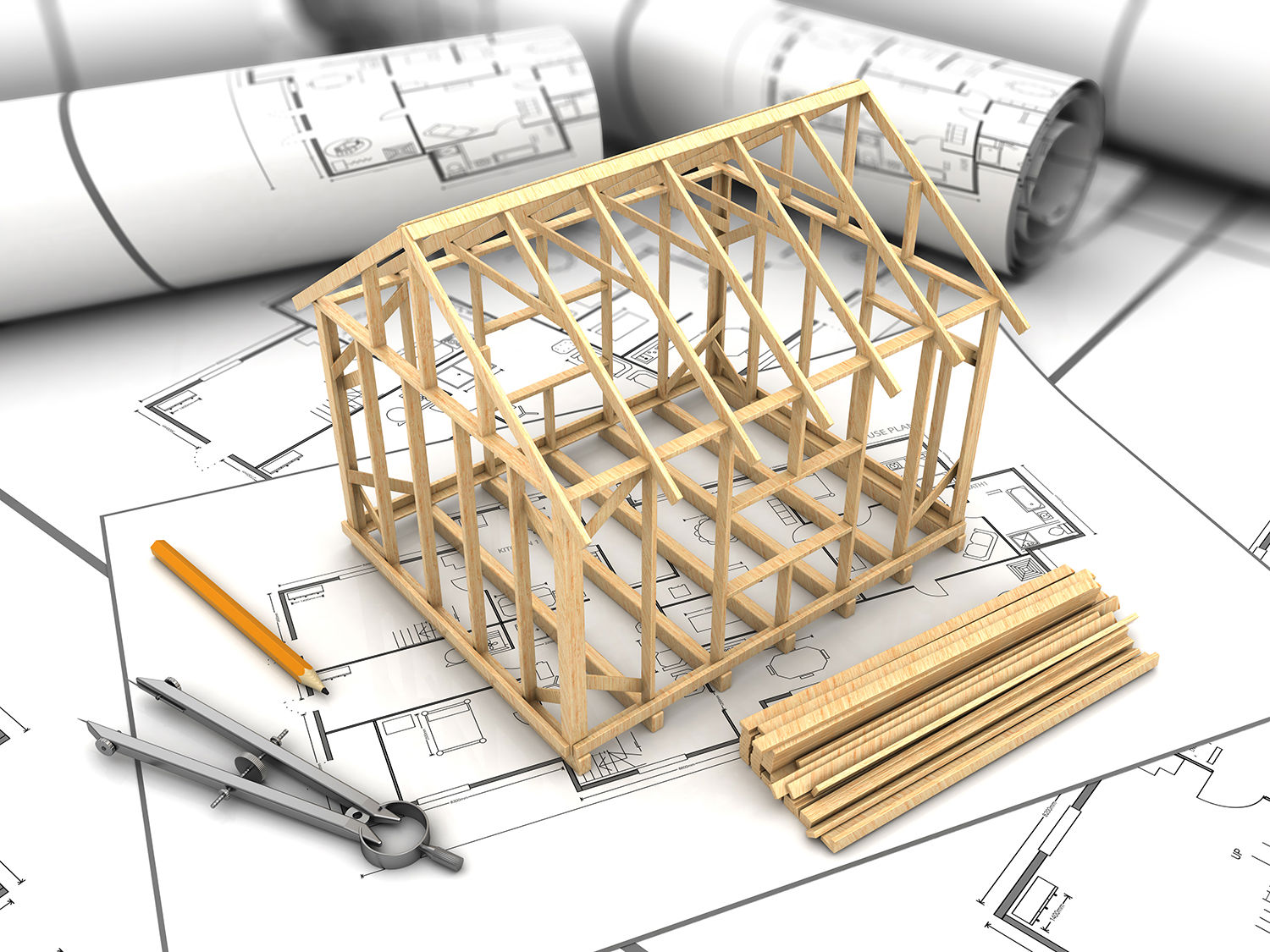 Plantegning med forskellige tegneredskabet, og et hus der er bygget af træpinde